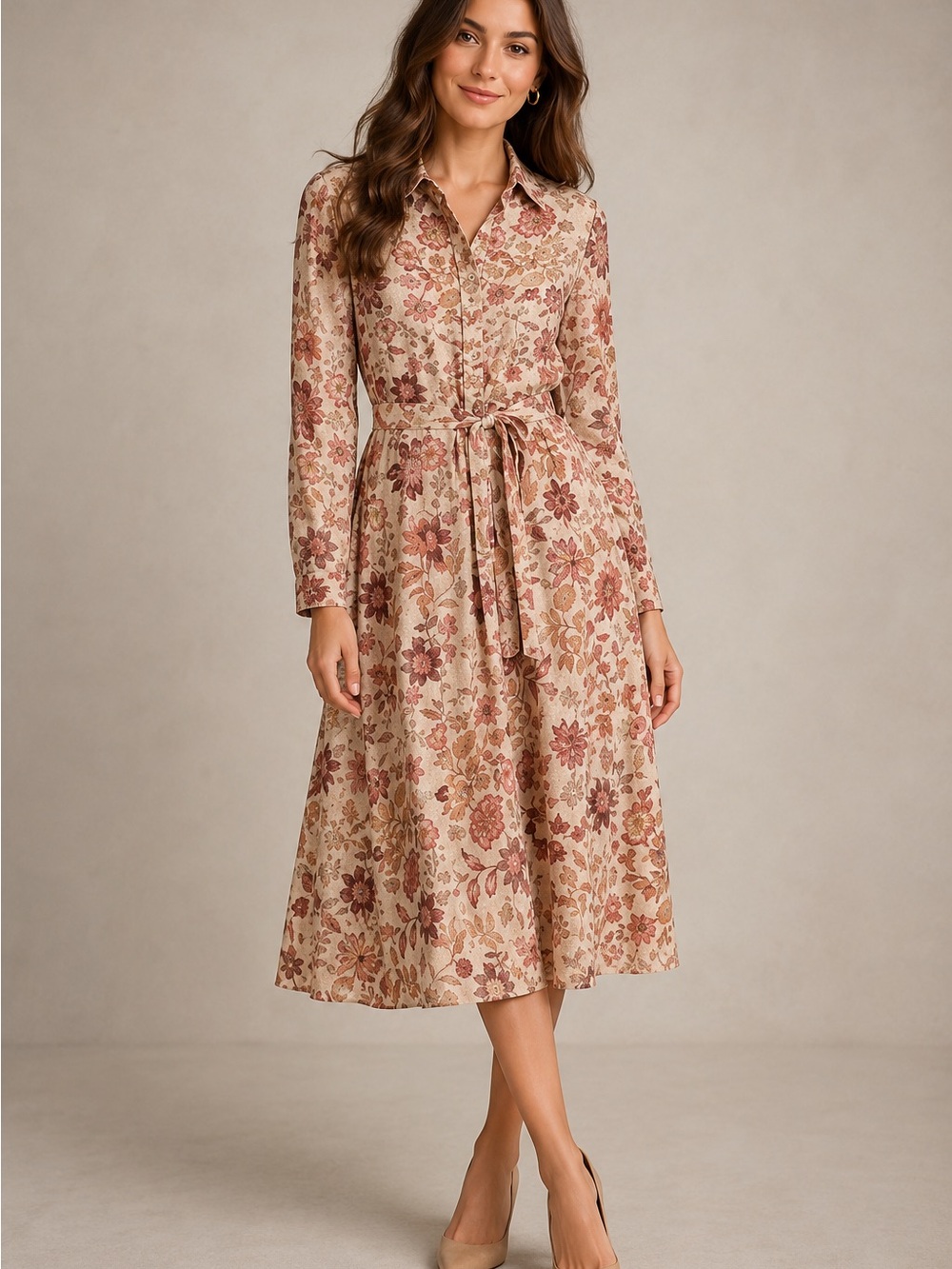 Lucky Brand Women's Floral Midi Dress in Beige and Dusty Rose M Cottage Core